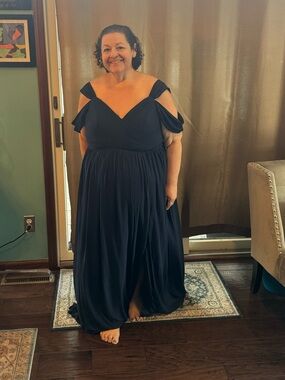 Plus-Size Navy Off-Shoulder Maxi Dress with Draped Sleeves